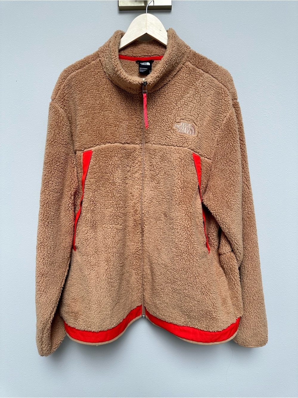 The North Face Men’s Tan Sherpa Fleece Jacket with Red Trim